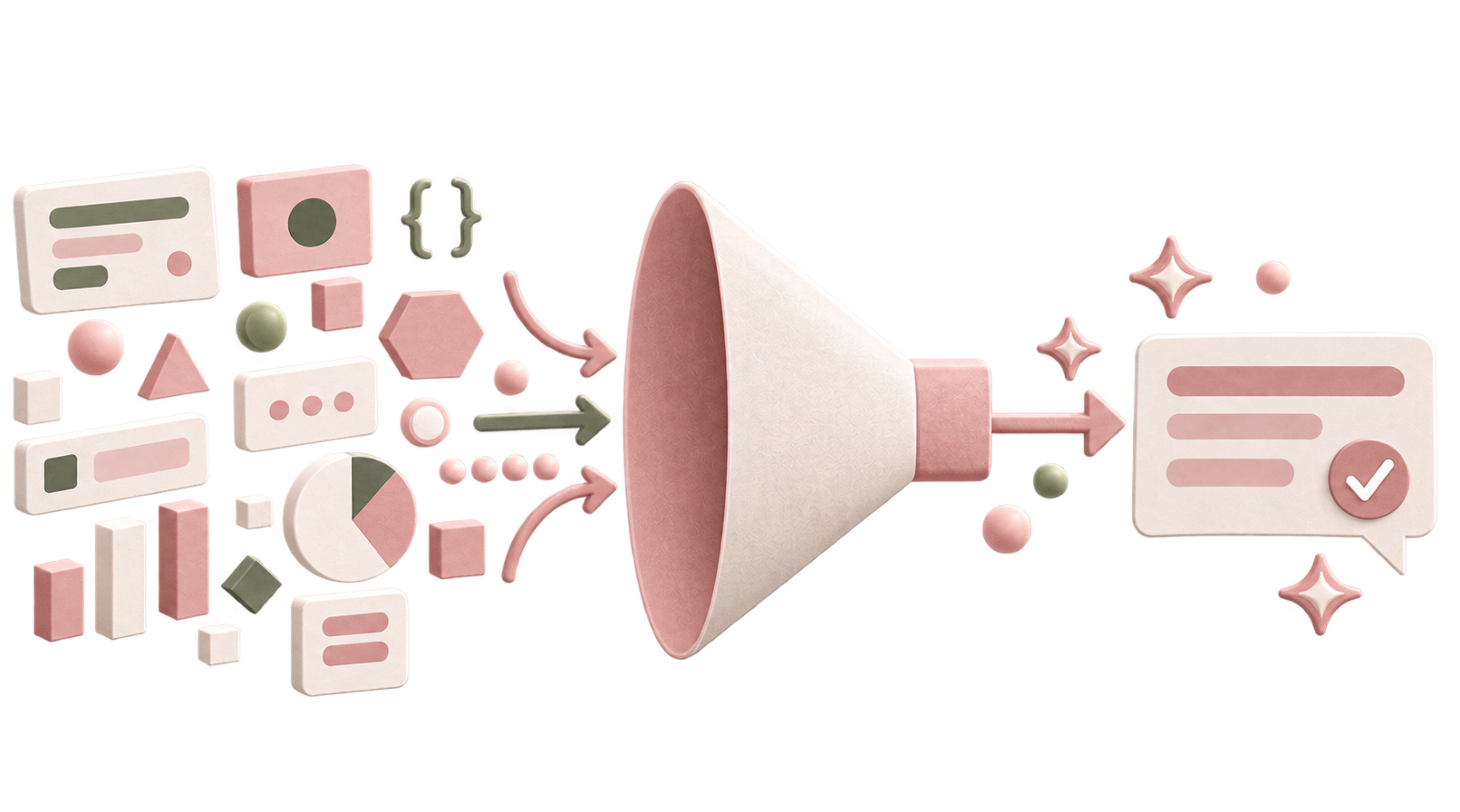 Many small shapes filtered through a funnel into one clean message
