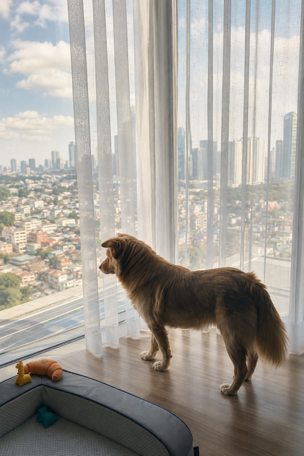Taifuu, a golden dog, watching the Makati skyline through a floor-to-ceiling window beside my desk.